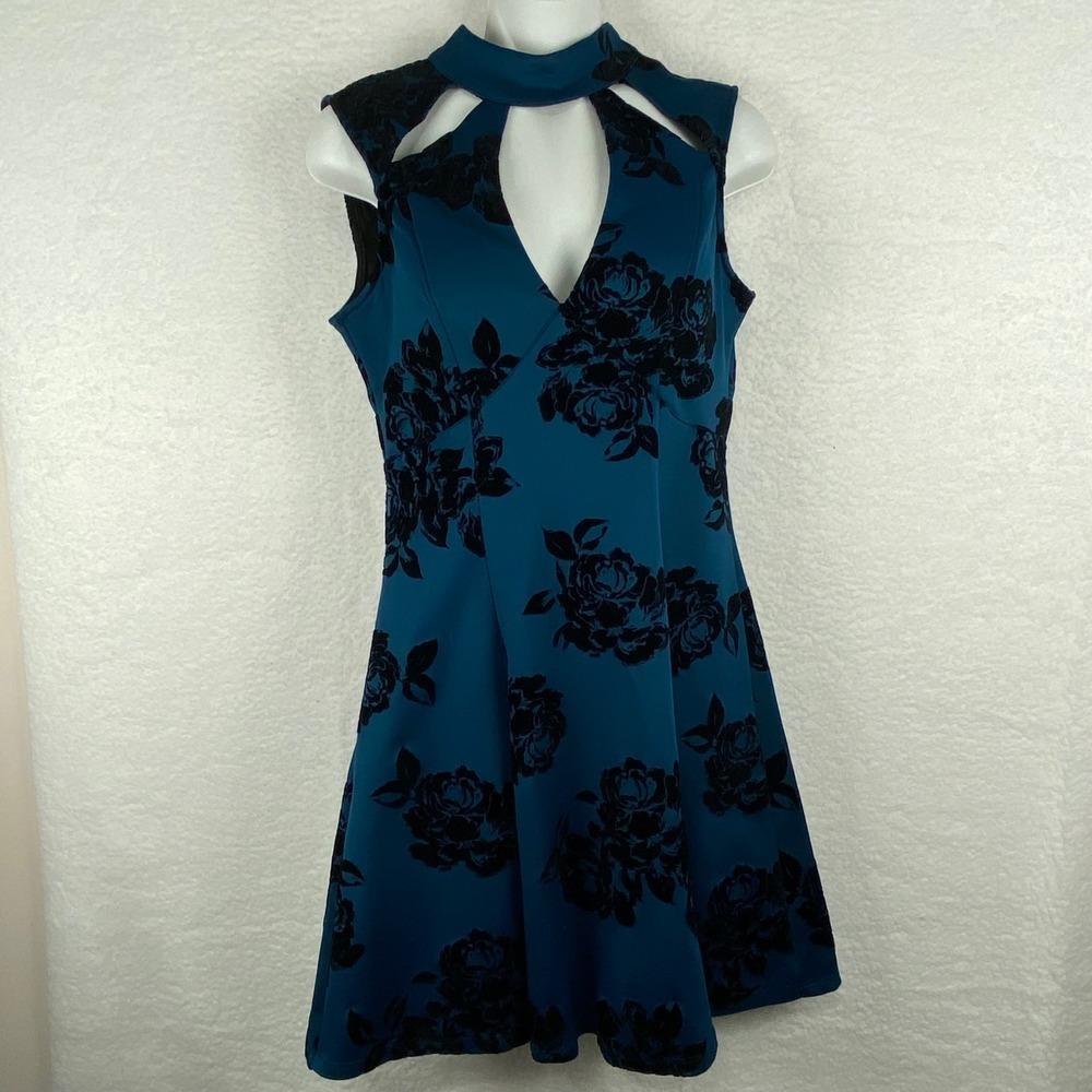Trixxi Teal Blue Black Velvet Floral Skater Dress High Neck Keyhole Open Back M
